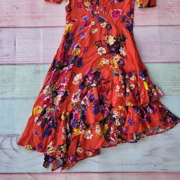 Studio by Preen Red Floral Print Short Sleeve Ruffle Asymmetric Hem Dress 6US - Picture 3 of 8